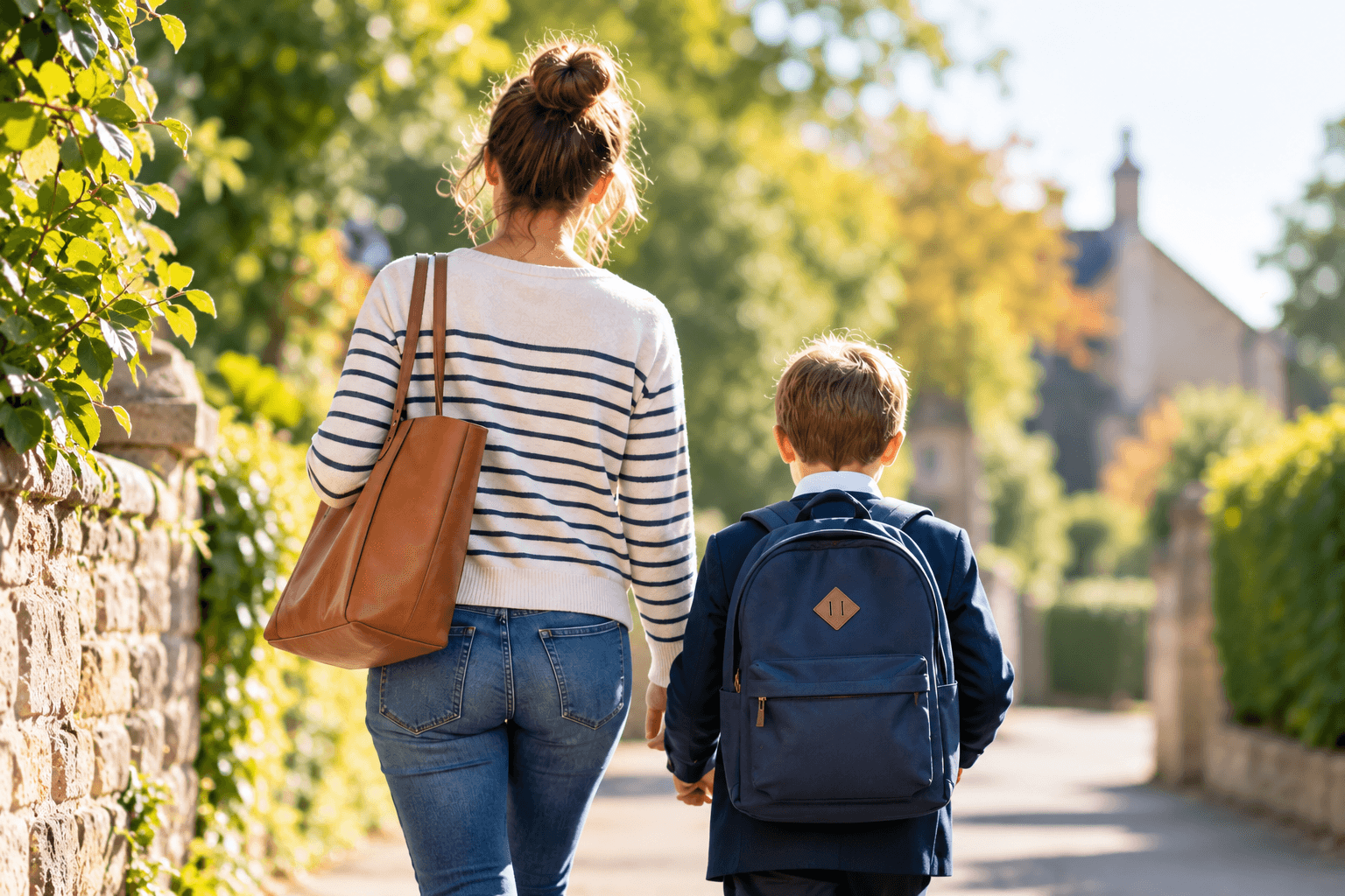 Mother and child walking to school with a backpack in East Devon